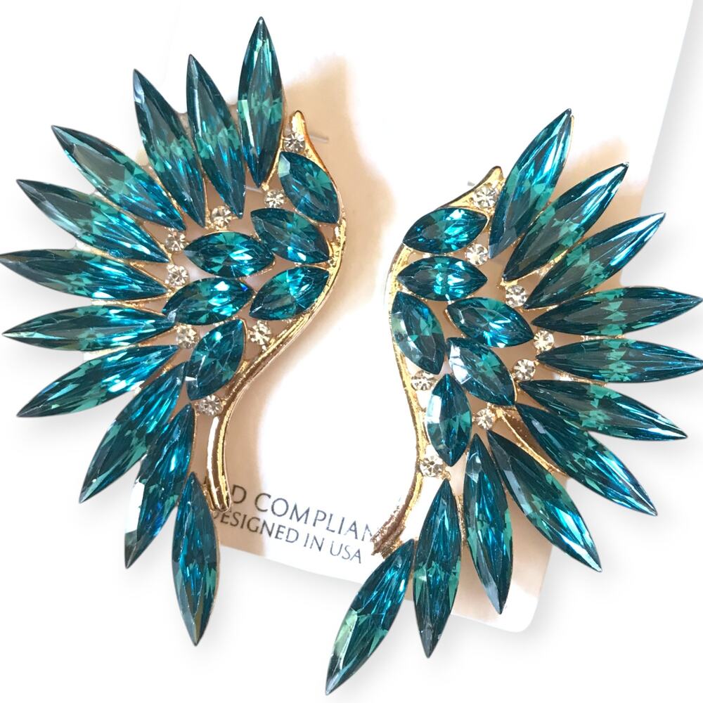 NEW Teal blue rhinestone wing earrings - gold tone, post-back
